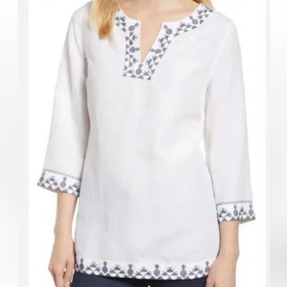 Tommy Bahama Prim Pina Linen blend Embroidered Tunic Large 3/4 Sleeve vacation
